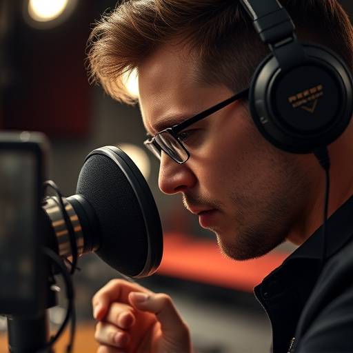 Close-up of a sound engineer adjusting audio levels in a recording studio.