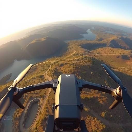 Drone capturing aerial footage over a scenic landscape.