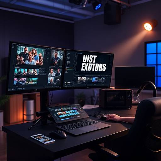 Video editor working on a multi-screen workstation.