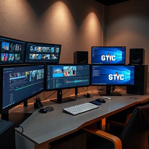 View of a professional video editing workstation with multiple monitors and editing software.